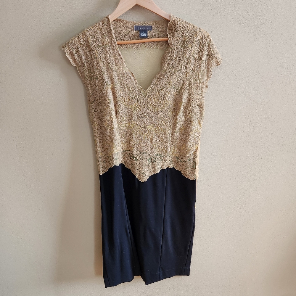 Gold & black vintage style bodycon dress sz m